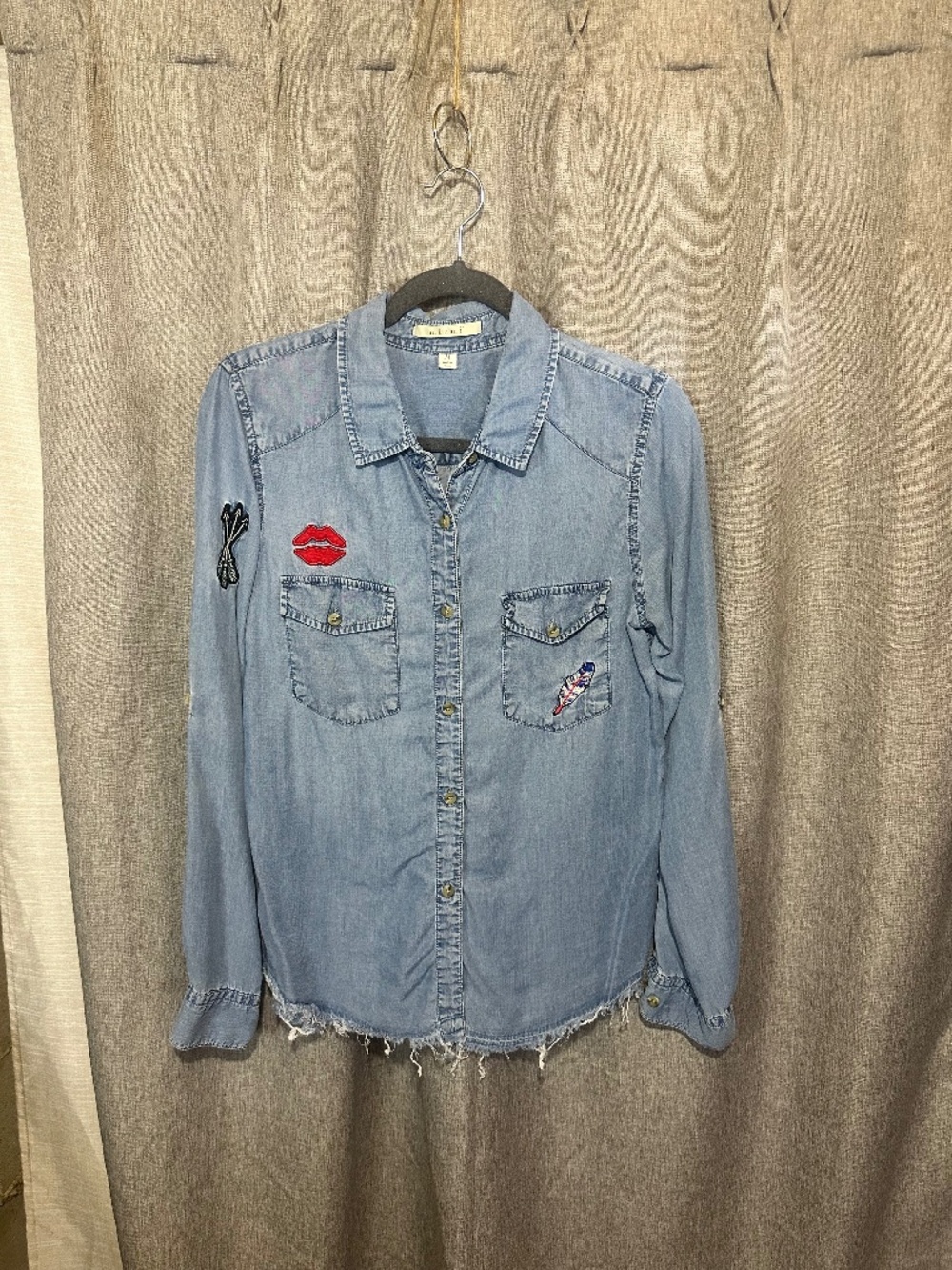 Mi Ami Patched Frayed Denim Button Down Shirt w/patches- Medium